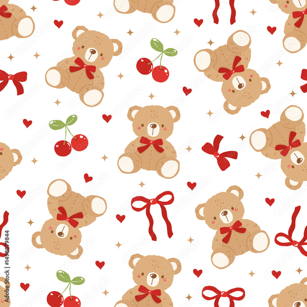 Fototapeta premium Teddy Bear Seamless Pattern with Red Bows and Cherries, Cute Cozy Nursery Design, Valentine’s Day Background