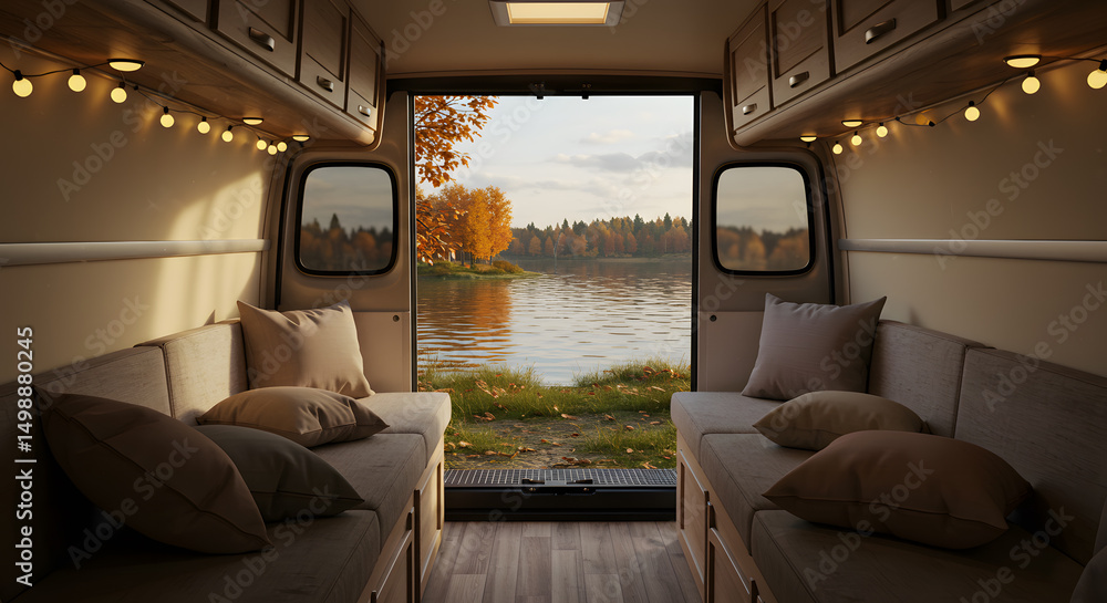 Fototapeta premium Cozy Autumn Campervan Interior with Lakeside View