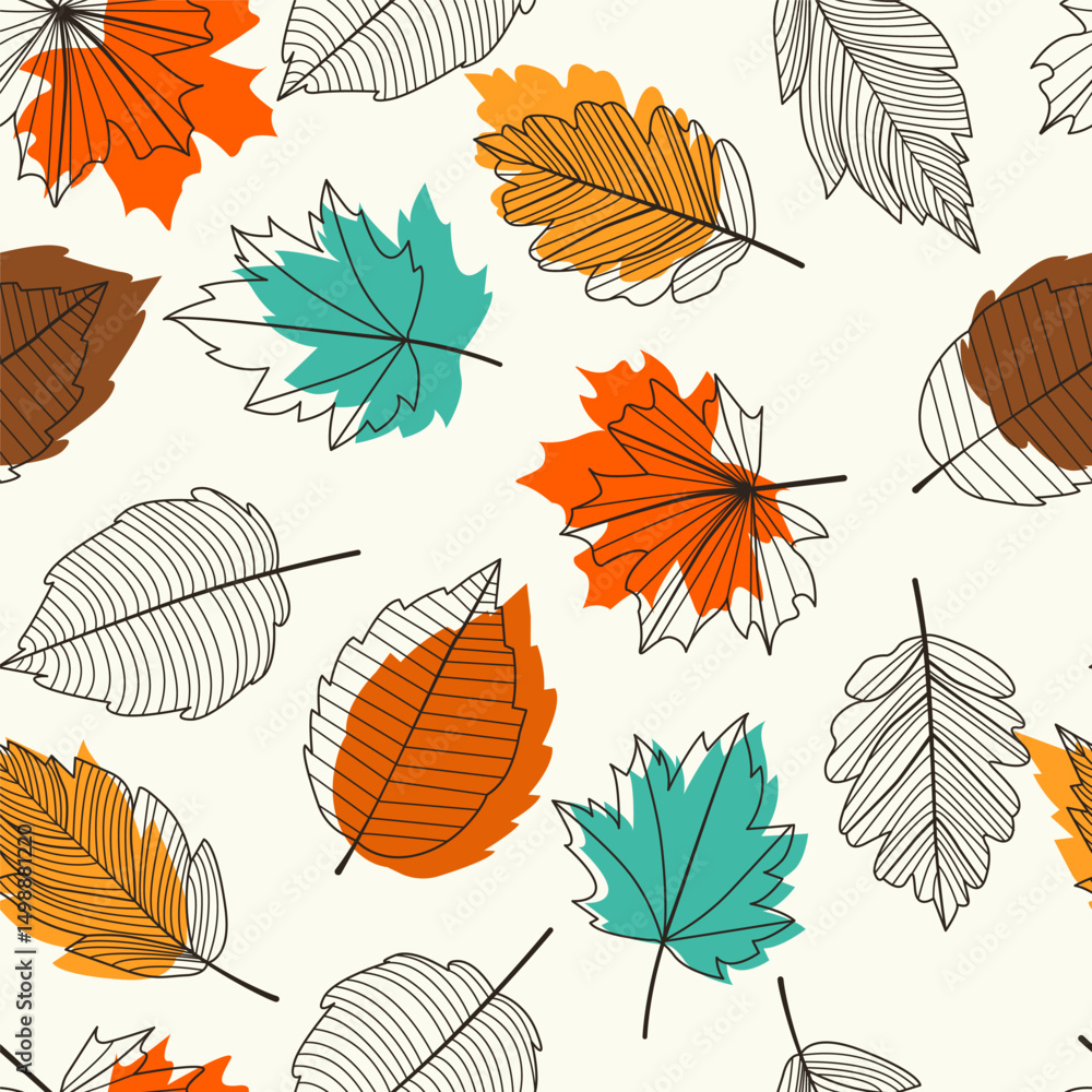 Fototapeta premium Autumn Leaves Seamless Pattern. Autumn Leaf Background Vector Illustration. Hand Drawn Abstract Botanical Wallpaper with Line Art Leaves for Prints, Home Decoration, Textile Design, Fabric.