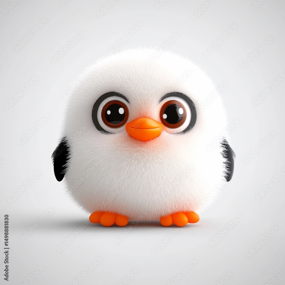Fluffy white chick with big eyes and orange beak/feet standing on light background Fluffy white chick with big eyes and orange beak/feet standing on light background