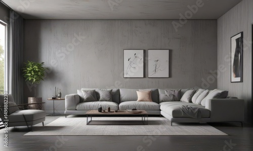 Sophisticated grey living room with modern furniture , texture, stylish