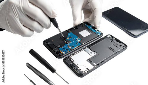 a technician is servicing a cell phone, isolated on transparent background