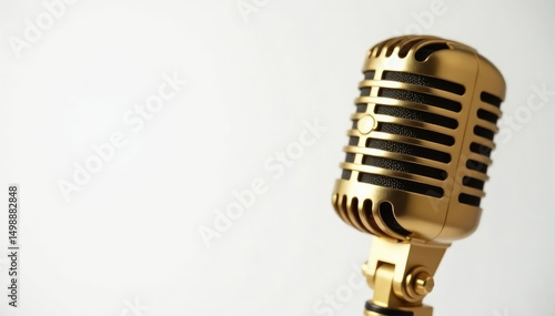 Close-up of a gold microphone on white background, music, retro, vintage