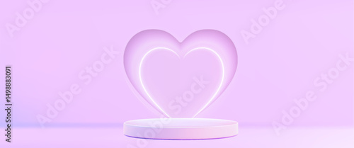 Pastel pink arch in heart shape hole in wall over round podium stage - vibrant love symbol glowing arc. Minimalist 3d Valentine day greeting card or romantic event poster design.