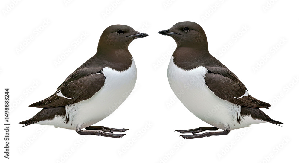 Obraz premium Pair of ancient murrelets standing side by side, one slightly angled, both in breeding plumage, black heads, white faces and chests, isolated on white background 
