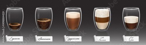 Set of realistic coffee drinks in double wall glass cups - espresso and americano, cappuccino, latte macchiato and flat white. Various caffeinated beverages with crema, froth and milk foam layers.