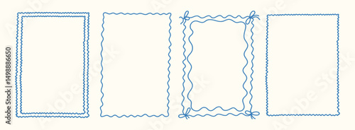 Whimsical hand drawn Italian postcard stamp set. Minimal blue frames. Vintage Italy summer doodle borders. Mediterranean elements for menu, wedding, invitation, print. Coastal Isolated Vector illustra