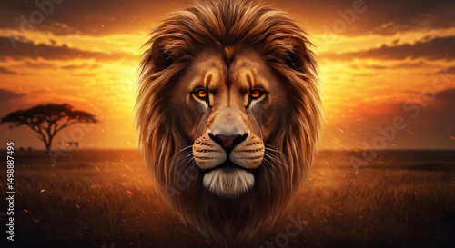 Lion Portrait in Warm Light of Savannah Sunset