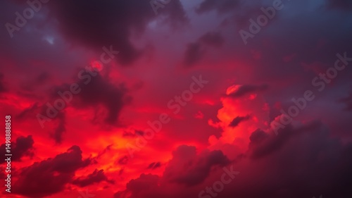 Dramatic crimson sky and dark clouds illuminated by the fiery glow of the sunset