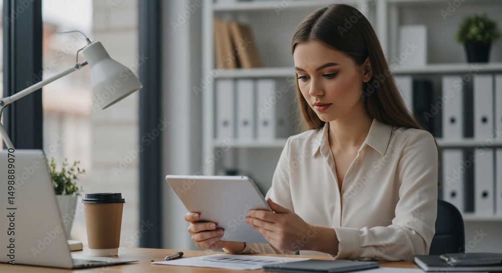 Focused woman studies tablet at desk Focused woman studies tablet at desk