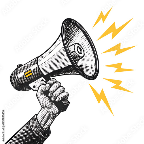 Hand Holding Megaphone with Halftone Pattern and Yellow Sound Waves