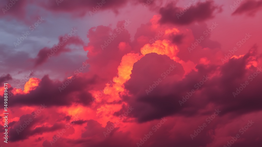 Fototapeta premium Dramatic crimson and red clouds illuminated by the warm glow of the setting sun
