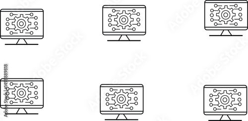 Computer Network Icon: Multiple computer screens display interconnected gears and circuits, symbolizing network connectivity, digital technology, and automation.