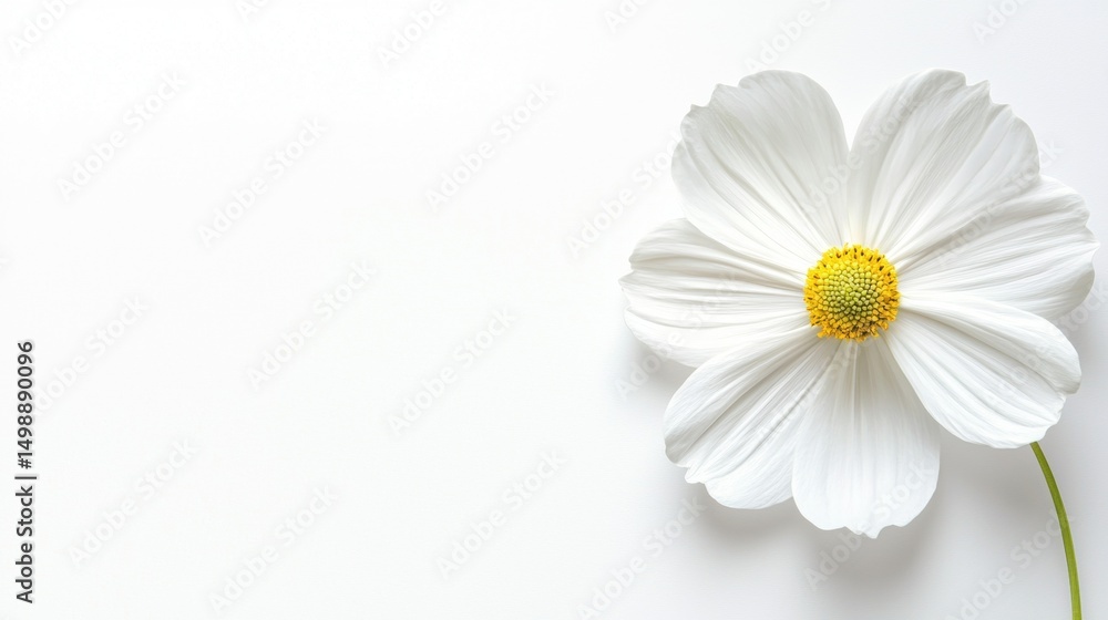 Obraz premium Close-up of a single white flower with a yellow center. the flower has five petals that are arranged in a fan-like pattern, with the outer edges of the petals slightly curled.