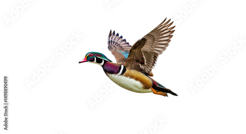 Wood duck mid-flight, wings fully extended, body streamlined, detailed feather texture, colorful male pattern visible, isolated on white background 