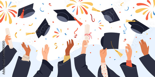 Hands in academic gowns holding diploma, throwing up graduation caps Happy moments of celebration finishing college Symbol of success, achievement Vector design for education themed invitation, banner
