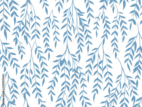 Seamless blue willow leaves pattern on white background, ideal for textile prints, nature-inspired wallpapers, elegant surface designs, botanical wrapping paper, and organic vector templates.