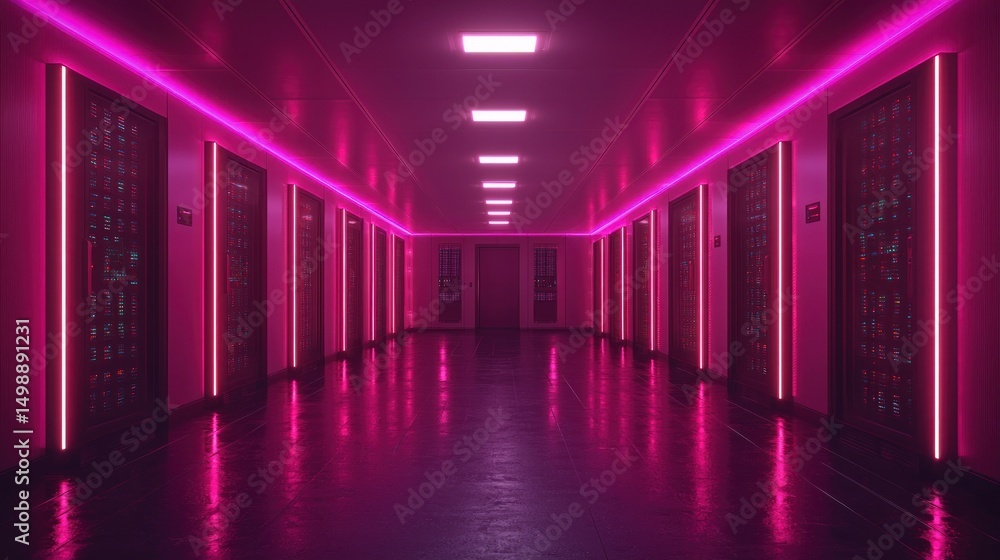 Neon pink hallway with dark doors Neon pink hallway with dark doors