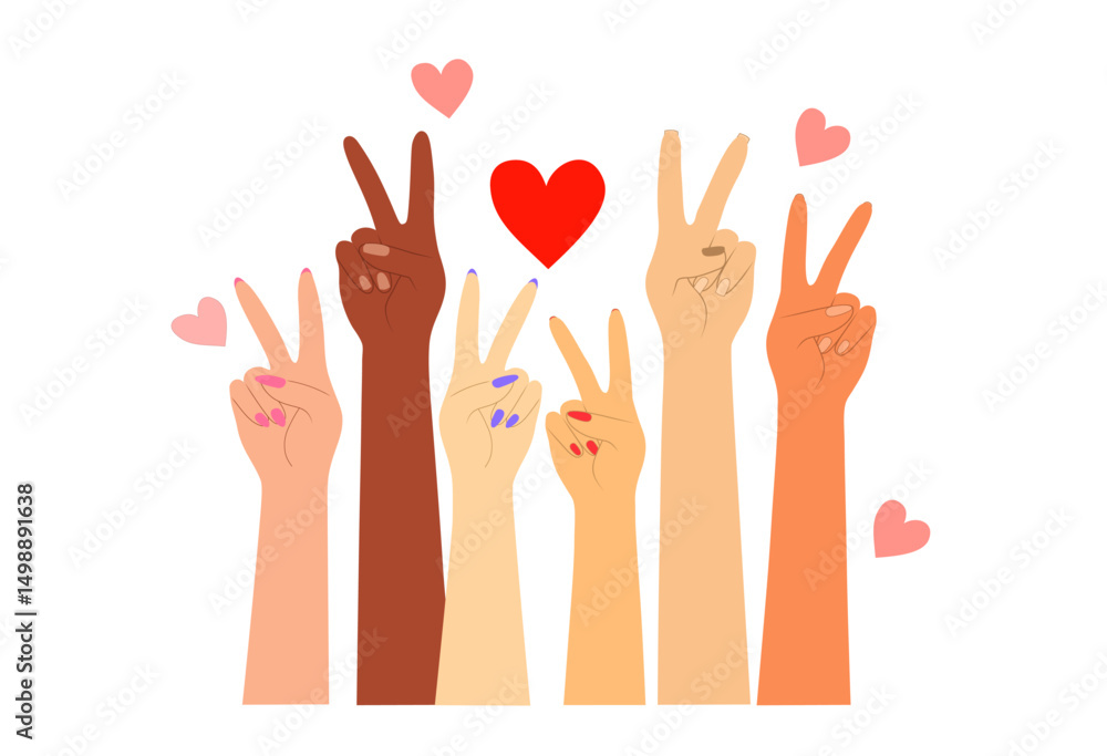 Peaceful hands of different skin tones with hearts and gestures symbolizing unity and love for Pride, Flat Illustration
Peaceful hands of different skin tones with hearts and gestures symbolizing unity and love for Pride, Flat Illustration