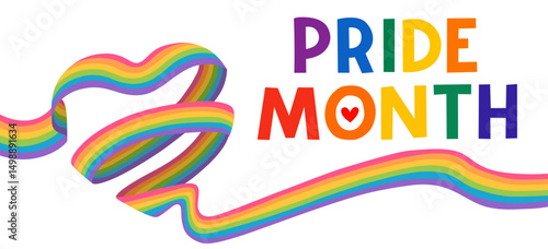 Heart-shaped rainbow ribbon with Pride Month text symbolizing love, unity and LGBTQ celebration, Flat Illustration

