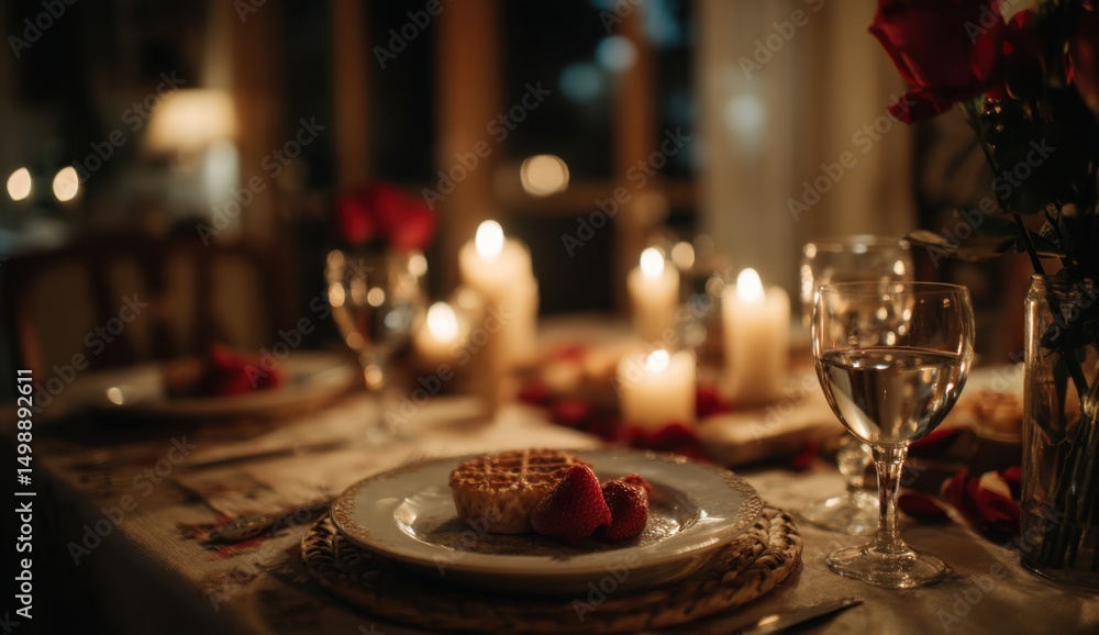 Fototapeta premium Romantic dinner with dessert and wine