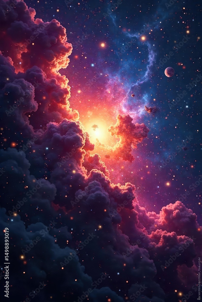 Naklejka premium Awe-inspiring cosmic cloud of gas and dust, vibrant colors swirling in a celestial dance A breathtaking view of stellar birth and death, captured in stunning detail , swirling, wonder, celestial