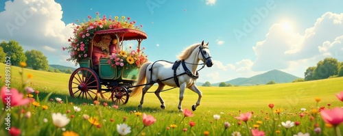 A whimsical horse-drawn carriage, overflowing with vibrant flowers, joyfully meanders through a sun-drenched meadow, embodying carefree happiness and idyllic countryside charm ,  cheerful,  nature