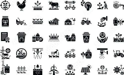 Agriculture and farming glyph icons collection depicting sustainable and smart agricultural practices