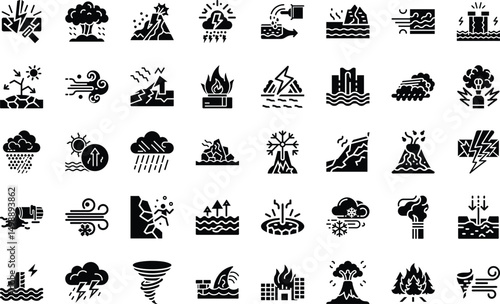 Natural disasters icons collection depicting earthquake flood hurricane volcano eruption and extreme weather