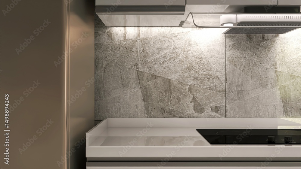 Fototapeta premium Kitchen cabinet counter with white countertop, induction stove, hood in sunlight on gray stone splash back wall for interior design decoration, cooking, food, kitchenware product background 3D