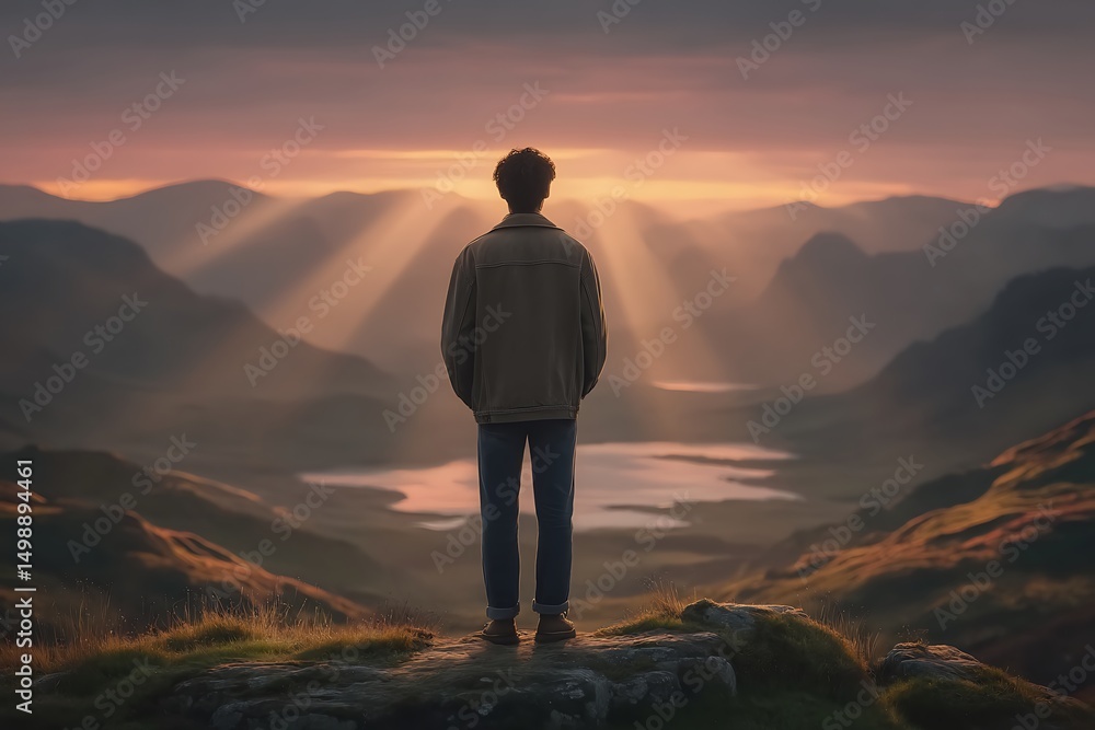 Man stands on a mountain top gazing at a scenic landscape with sunlight breaking through the clouds Man stands on a mountain top gazing at a scenic landscape with sunlight breaking through the clouds