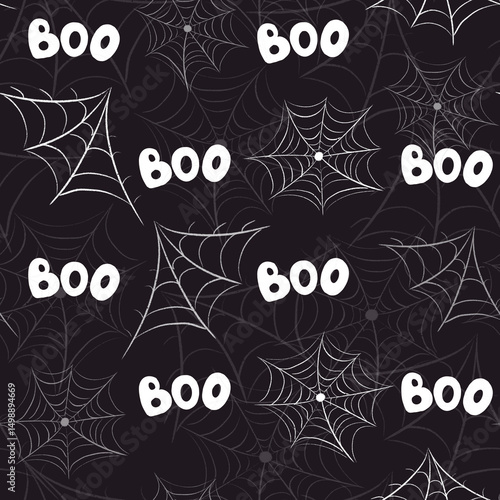 Spooky Halloween pattern featuring cobwebs and playful boo elements in black and white
