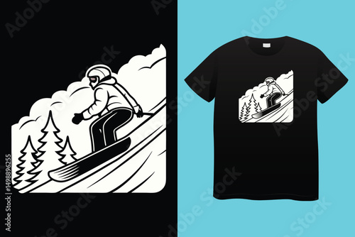 Fast Snowboarder Illustration – Alpine Winter Sports Vector, Extreme Snowboarding in Mountains – Vibrant Winter Sports Vector, Stylish Snowboarder in Motion – Adventure and Action Sports Art.