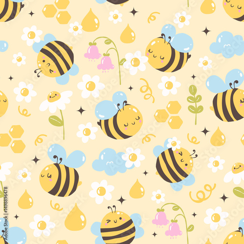 Cute Bee Seamless Pattern with Flowers and Honey Drops, Kawaii Yellow Spring Background for Nursery Design