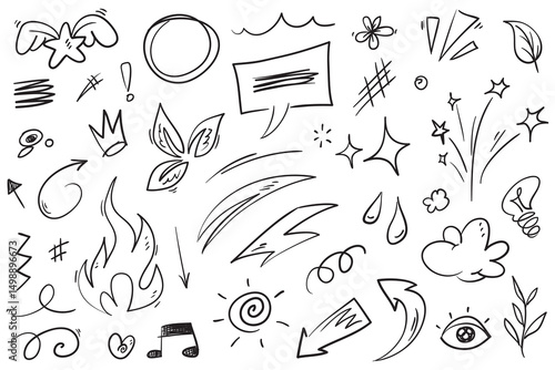 Doodle set of hand-drawn cartoony expression sign doodle, curve directional arrows, emoticon effects design elements, cartoon character emotion symbols, cute decorative brush stroke lines.