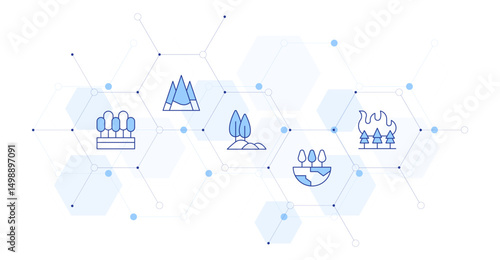 Forest Banner Vector Illustration with Icon Style in Between. Line Duotone icon. Containing. forest, hill, wildfire