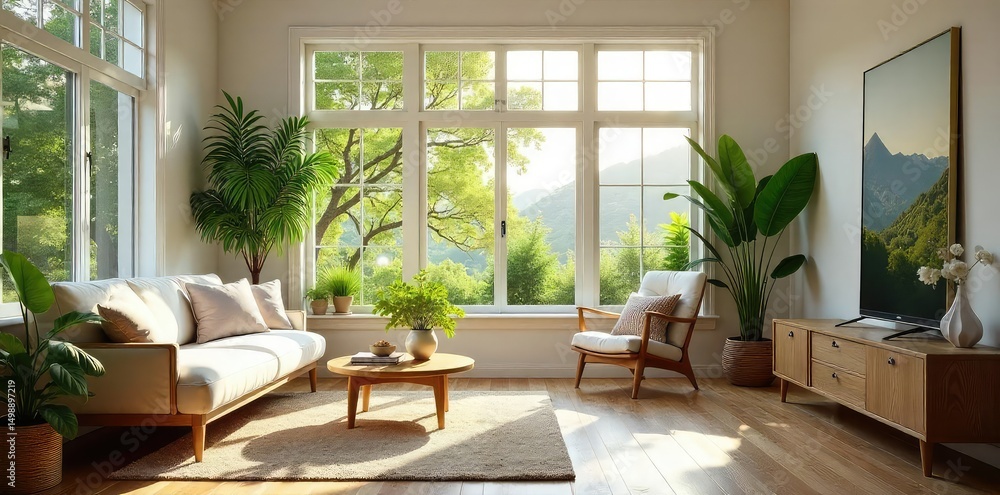 Fototapeta premium Sun-drenched living room with lush plants, stylish furniture, and natural light streaming through large windows A picture of serene and sophisticated home living , luxury, potted plants, peaceful