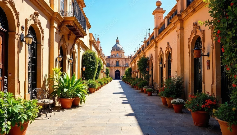 Fototapeta premium Sun-drenched Seville, Andalucia Ornate architecture, vibrant flowers, and the scent of orange blossoms fill the air A captivating scene of Spanish charm and history , tiles, holiday, warm