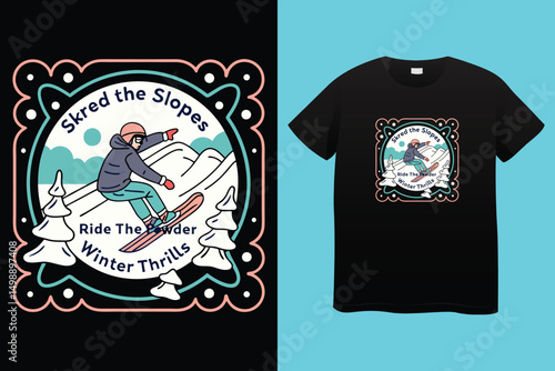 Fast Snowboarder Illustration – Alpine Winter Sports Vector, Extreme Snowboarding in Mountains – Vibrant Winter Sports Vector, Stylish Snowboarder in Motion – Adventure and Action Sports Art.