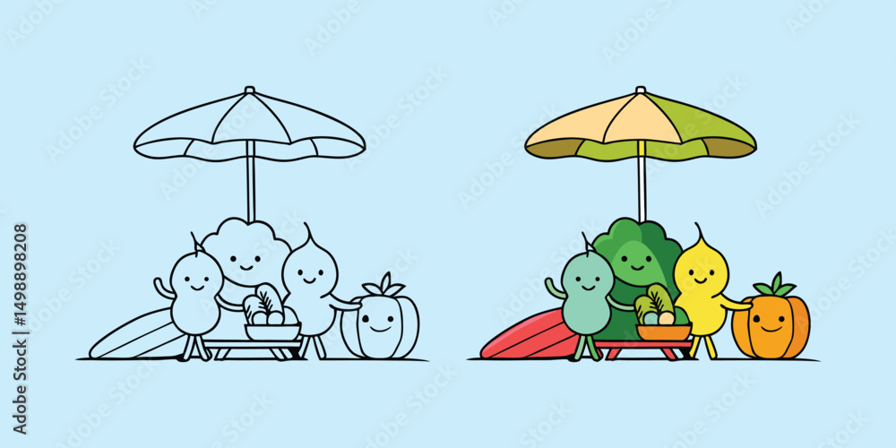 Naklejka premium Happy vegetables under umbrella cartoon illustration healthy food beach vacation theme