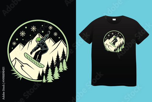 Fast Snowboarder Illustration – Alpine Winter Sports Vector, Extreme Snowboarding in Mountains – Vibrant Winter Sports Vector, Stylish Snowboarder in Motion – Adventure and Action Sports Art.