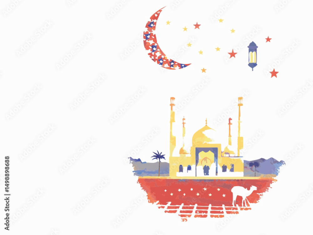 Naklejka premium Eid Mubarak greeting card with Islamic calligraphy of a mosque, featuring a vector illustration of an Asian landmark and a symbolic dome architecture