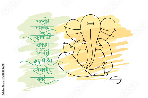 Line art lord ganesha with vakratunda mahakaya calligraphy mantra in sanskrit made for ganesh chaturthy festival 