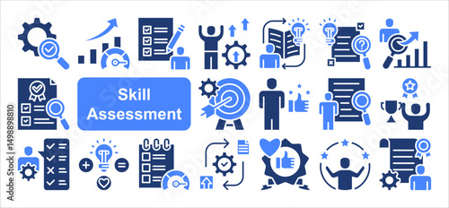 Skill assessment icon collection set. Containing competency, proficiency, aptitude, testing, center, criteria, performance icon. Simple flat vector.
