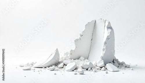 Shattered remnants of a white structure against a pristine white background, symbolizing complete annihilation and the stark contrast of destruction and purity , background, destruction