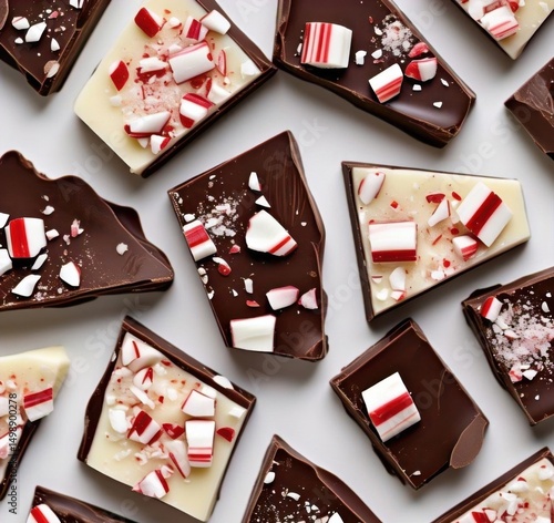 Top down view of chocolate bark pieces with peppermint candy on a white surface arrangement pattern