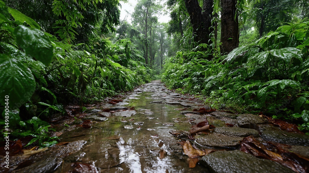Fototapeta premium A rainy forest path is lined with lush green vegetation, with puddles reflecting the vibrant foliage in a tropical downpour. 
