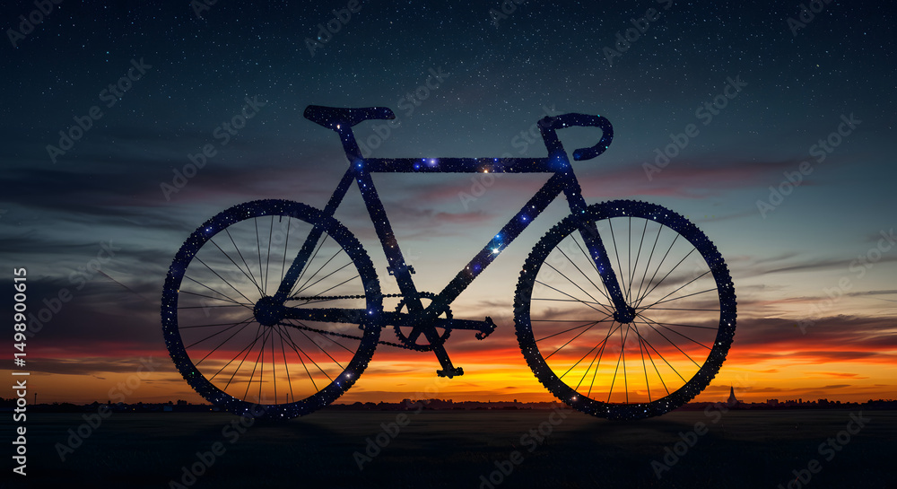Fototapeta premium Bicycle Silhouette with Galaxy Pattern Against Sunset Sky