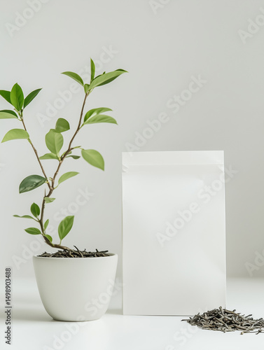 Mockup for tea packaging. White package with copyspace for design. Bag, tea plant in a white clay pot and some dry tea leaves on a white background. Eco-friendly paper bag.