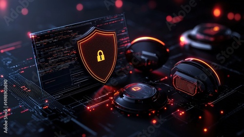 Digital security icons with protective shields cyber environment visual graphics futuristic concept